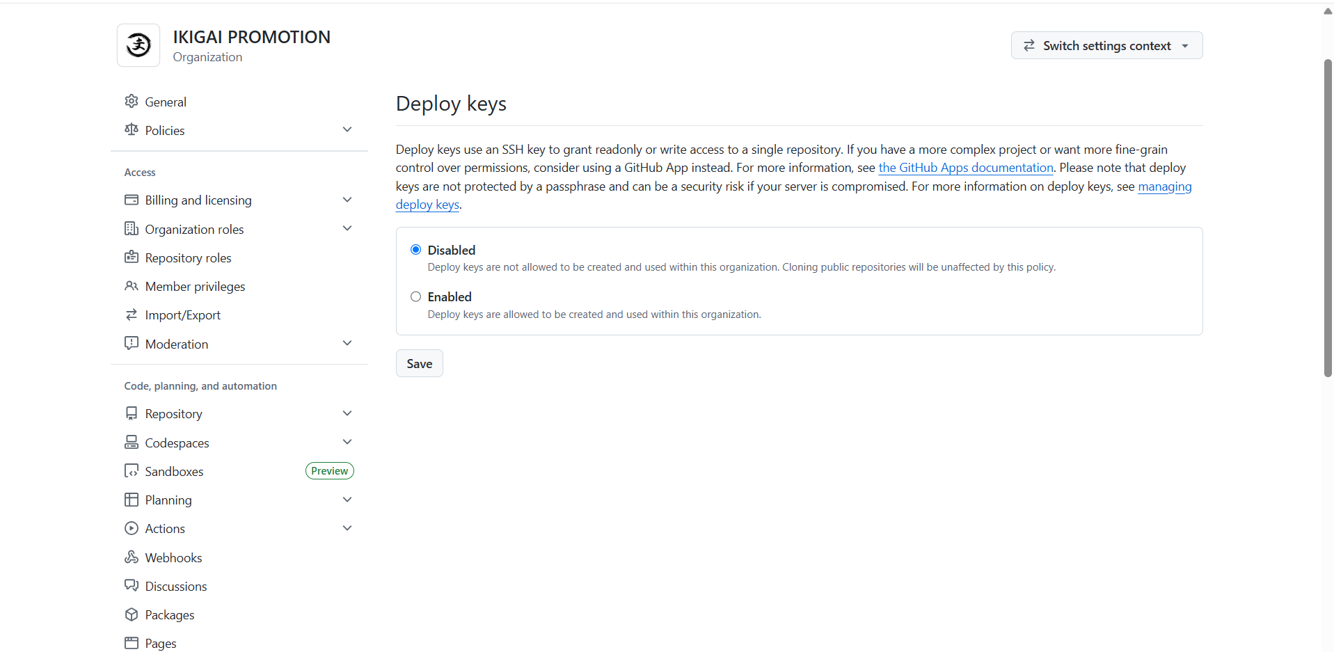 Блок Deploy keys в настройках организации: Disabled, Enabled и кнопка Save