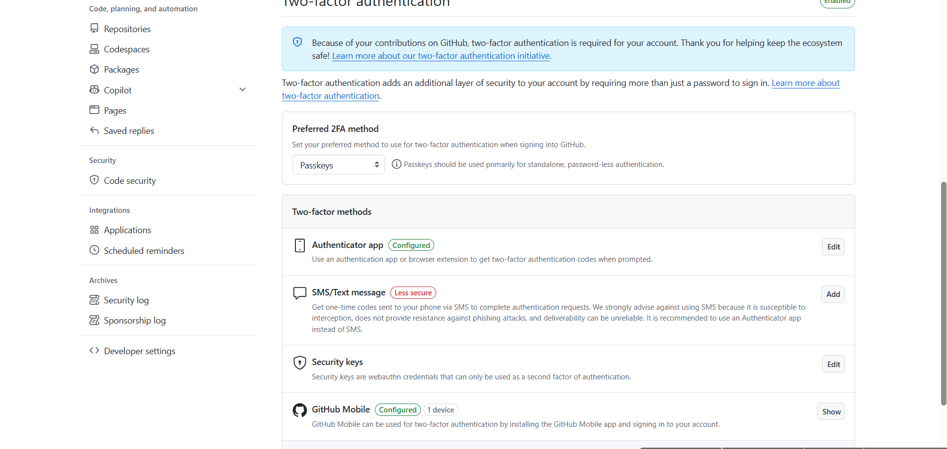 Методы двухфакторной защиты GitHub: приложение-аутентификатор настроено